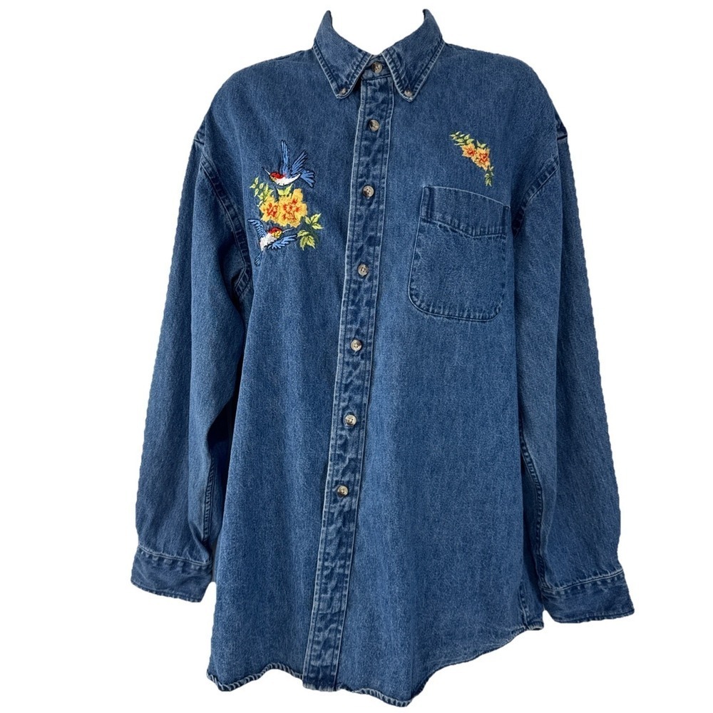 VTG Fieldmaster‎ Denim Shirt Women L Blue Embroidered Bird Floral Cotton Button